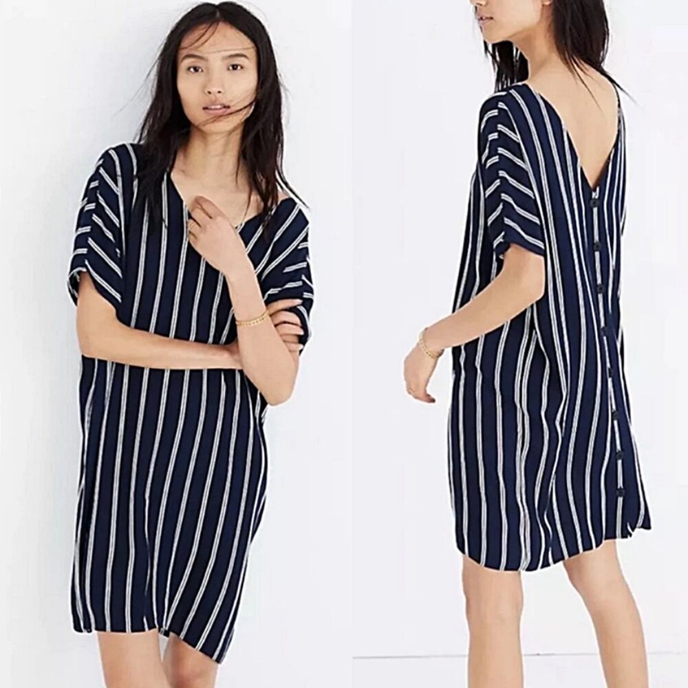 Madewell Striped Plaza Dress Medium M Navy Reversible V-Neck Shift Button H8183